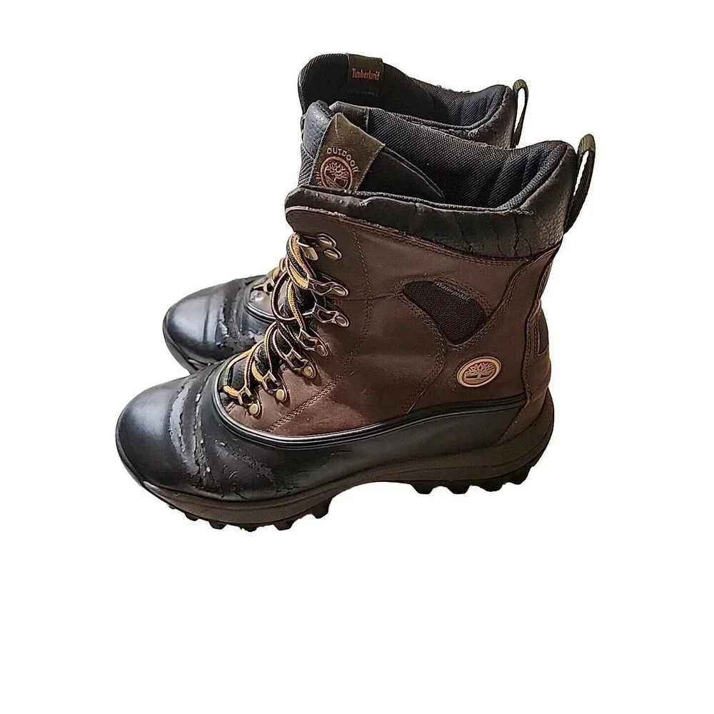 Timberland Mens 10.5 Waterproof Brown Leather Winter Snow Boots Rubber Durable